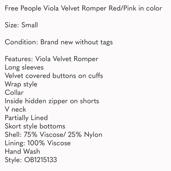 Free People Viola Velvet Romper In Red/Pink Size Small - Picture 5 of 5